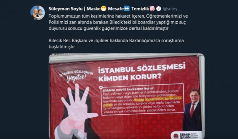 Bilecik Belediye Başkanı’na İstanbul Sözleşmesi bilboardları nedeniyle soruşturma açıldı
